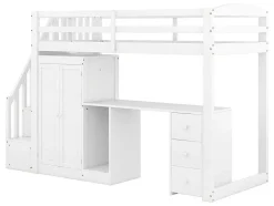 Mezzaninebed 90 X 200 Met Kledingkast En Trap, Bureau En Lades - Grenen + Mdf - Wit