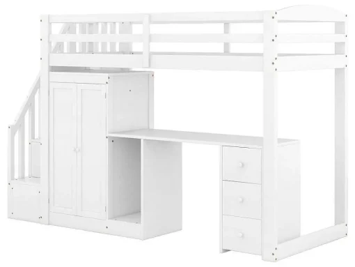 Mezzaninebed 90 X 200 Met Kledingkast En Trap, Bureau En Lades - Grenen + Mdf - Wit