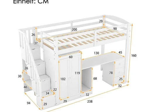 Mezzaninebed 90 X 200 Met Kledingkast En Trap, Bureau En Lades - Grenen + Mdf - Wit