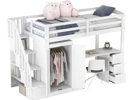Mezzaninebed 90 X 200 Met Kledingkast En Trap, Bureau En Lades - Grenen + Mdf - Wit