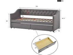Onderschuifbed, Linnen Slaapbank 90X200Cm Met 2 Lades En Lattenbodem En - Grijs