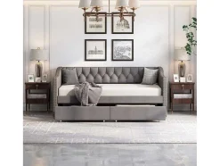 Onderschuifbed, Linnen Slaapbank 90X200Cm Met 2 Lades En Lattenbodem En - Grijs