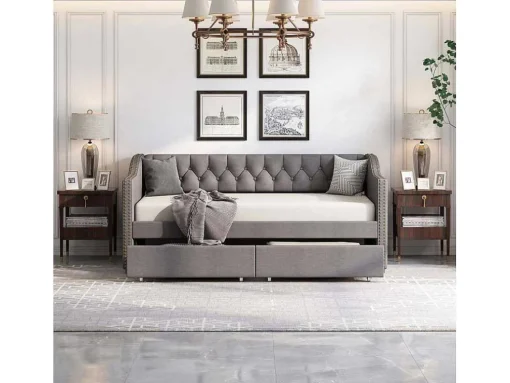 Onderschuifbed, Linnen Slaapbank 90X200Cm Met 2 Lades En Lattenbodem En - Grijs