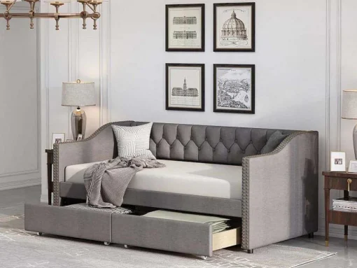 Onderschuifbed, Linnen Slaapbank 90X200Cm Met 2 Lades En Lattenbodem En - Grijs