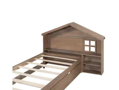 Onderschuifbed Voor Kinderen - 90X200Cm - Hoofdeinde In Huisvorm - Massief Hout - Bruin