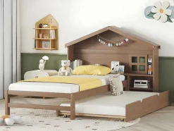 Onderschuifbed Voor Kinderen - 90X200Cm - Hoofdeinde In Huisvorm - Massief Hout - Bruin