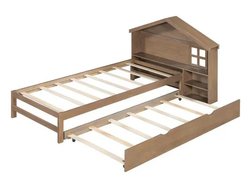 Onderschuifbed Voor Kinderen - 90X200Cm - Hoofdeinde In Huisvorm - Massief Hout - Bruin