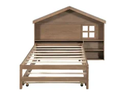 Onderschuifbed Voor Kinderen - 90X200Cm - Hoofdeinde In Huisvorm - Massief Hout - Bruin