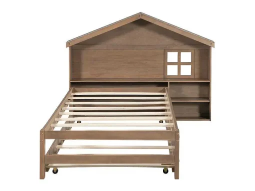 Onderschuifbed Voor Kinderen - 90X200Cm - Hoofdeinde In Huisvorm - Massief Hout - Bruin