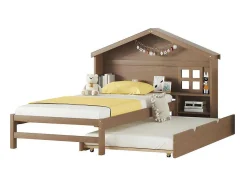 Onderschuifbed Voor Kinderen - 90X200Cm - Hoofdeinde In Huisvorm - Massief Hout - Bruin