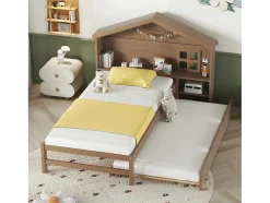 Onderschuifbed Voor Kinderen - 90X200Cm - Hoofdeinde In Huisvorm - Massief Hout - Bruin
