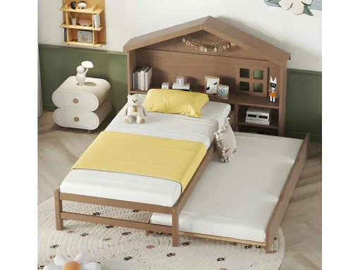 Onderschuifbed Voor Kinderen - 90X200Cm - Hoofdeinde In Huisvorm - Massief Hout - Bruin