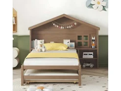 Onderschuifbed Voor Kinderen - 90X200Cm - Hoofdeinde In Huisvorm - Massief Hout - Bruin