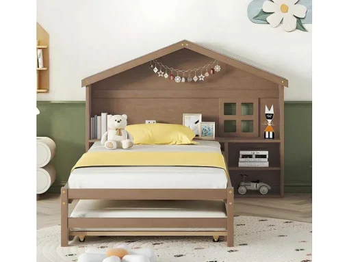 Onderschuifbed Voor Kinderen - 90X200Cm - Hoofdeinde In Huisvorm - Massief Hout - Bruin