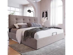 Opbergbed 140X200Cm - Stof Fluweel - Met Verstelbaar Hoofdeinde + Lattenbodem - Grijs
