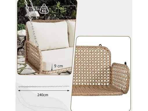 Pe Rotan Hangstoel - Tuinschommel - 2 Plaatsen - Met Kussens - Beige