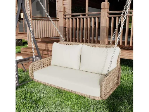 Pe Rotan Hangstoel - Tuinschommel - 2 Plaatsen - Met Kussens - Beige