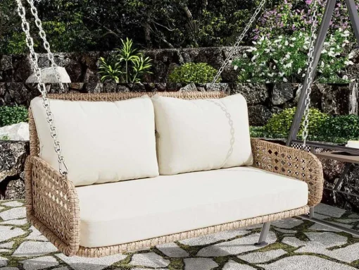 Pe Rotan Hangstoel - Tuinschommel - 2 Plaatsen - Met Kussens - Beige