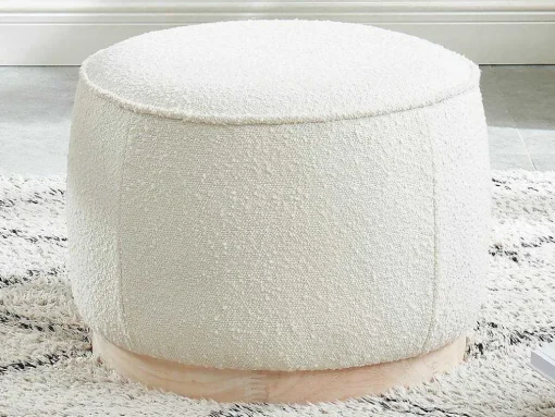 Poef Van Boucle Stof Met Voet In Lichtkleurig Hout - Miloden