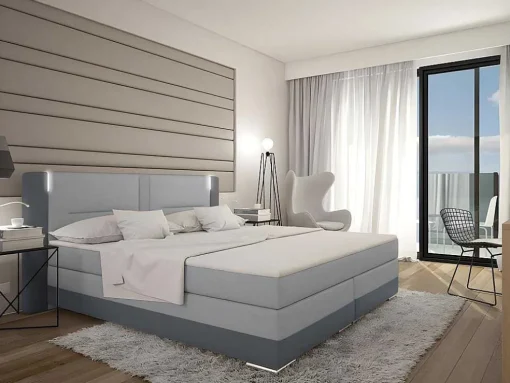 Samenstelling Boxspring Hoofdbord Met Leds + Lattenbodems + Matras + Dekmatras Asti Van Ysmee - 160 X 200 Cm - Antraciet En Lichtgrijs