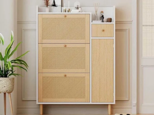 Schoenenkast In Hout En Rotan - 3 Klepdeuren En 1 Lade - Verstelbare Plank - Naturel & Wit