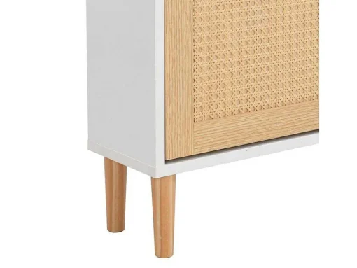Schoenenkast In Hout En Rotan - 3 Klepdeuren En 1 Lade - Verstelbare Plank - Naturel & Wit