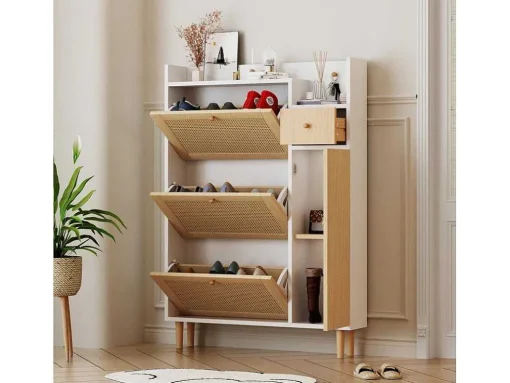 Schoenenkast In Hout En Rotan - 3 Klepdeuren En 1 Lade - Verstelbare Plank - Naturel & Wit