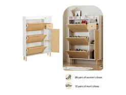 Schoenenkast In Hout En Rotan - 3 Klepdeuren En 1 Lade - Verstelbare Plank - Naturel & Wit