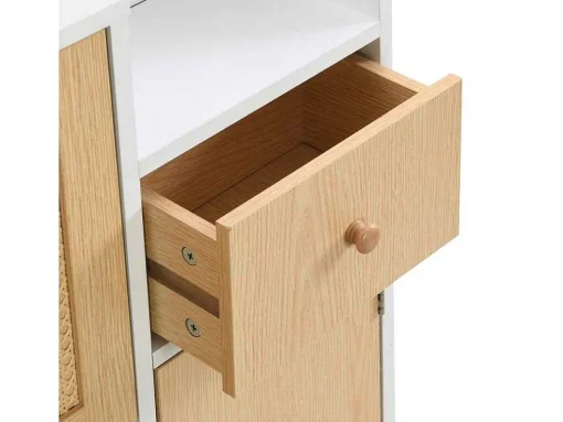 Schoenenkast In Hout En Rotan - 3 Klepdeuren En 1 Lade - Verstelbare Plank - Naturel & Wit