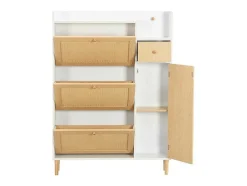 Schoenenkast In Hout En Rotan - 3 Klepdeuren En 1 Lade - Verstelbare Plank - Naturel & Wit