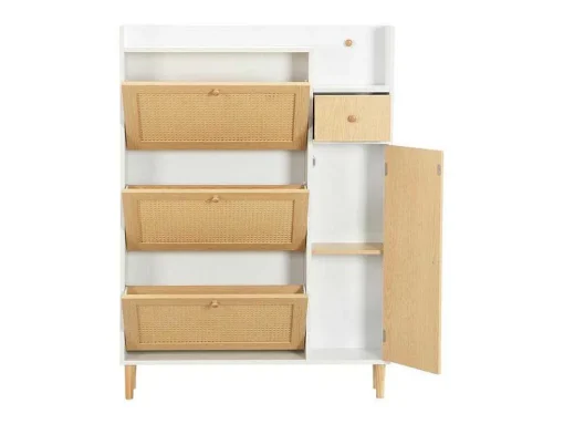 Schoenenkast In Hout En Rotan - 3 Klepdeuren En 1 Lade - Verstelbare Plank - Naturel & Wit