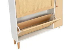 Schoenenkast In Hout En Rotan - 3 Klepdeuren En 1 Lade - Verstelbare Plank - Naturel & Wit