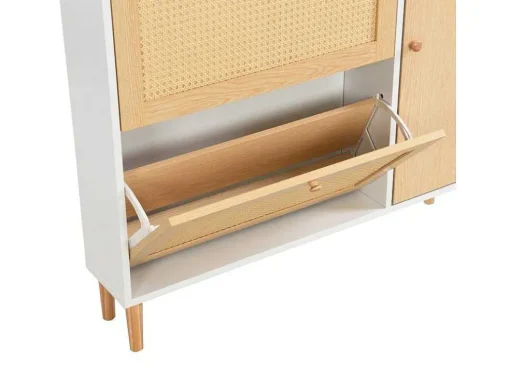 Schoenenkast In Hout En Rotan - 3 Klepdeuren En 1 Lade - Verstelbare Plank - Naturel & Wit