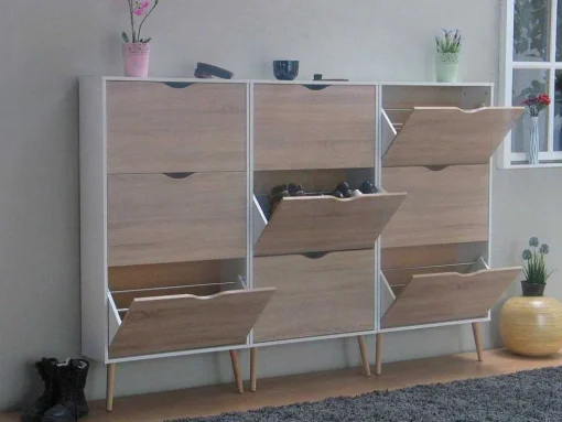 Schoenenkasten Napoli (Set Van Drie) Met 3 Lades Wit / Eiken.