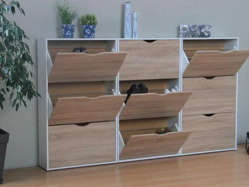 Schoenenkasten Napoli (Set Van Drie) Met 3 Lades Wit / Eiken.