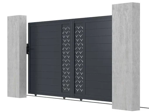 Schuifpoort Van Aluminium Met Motieven - Halfopengewerkt - L. 374 X H. 180 Cm - Antraciet - Gregor