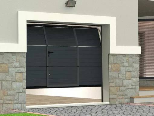 Sectionale Garagedeur Met Gegroefd Effect En Centrale Loopdeur - Antraciet - Met Somfy-Motor - Noria