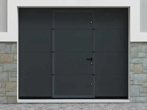 Sectionale Garagedeur Met Glad Effect En Centrale Loopdeur In Antraciet Met Somfy Motor - Lavega