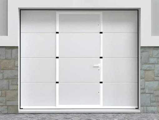 Sectionale Garagedeur Met Glad Effect Met Centrale Witte Loopdeur En Somfy Motor - Lavega