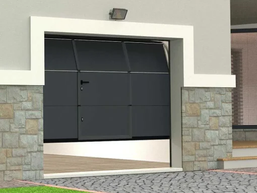 Sectionale Garagedeur Met Glad Effect En Centrale Loopdeur In Antraciet Met Somfy Motor - Lavega