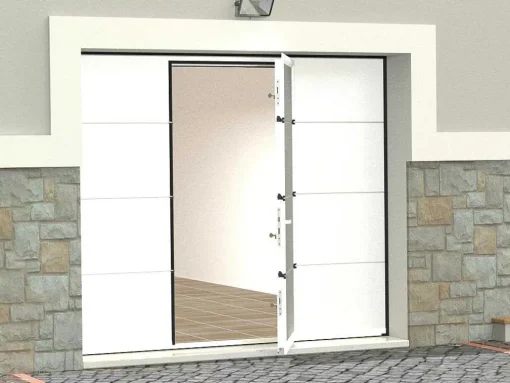Sectionale Garagedeur Met Glad Effect Met Centrale Witte Loopdeur En Somfy Motor - Lavega