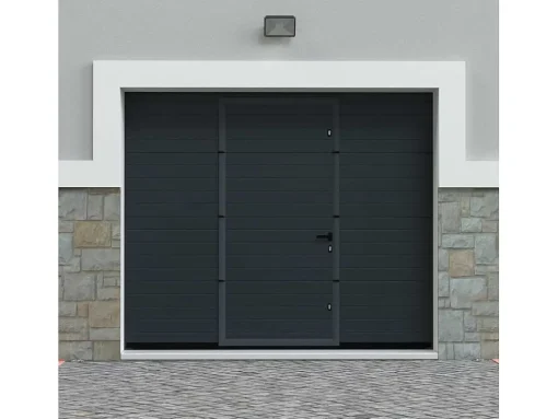 Sectionale Garagedeur Met Gegroefd Effect En Centrale Loopdeur - Antraciet - Met Somfy-Motor - Noria