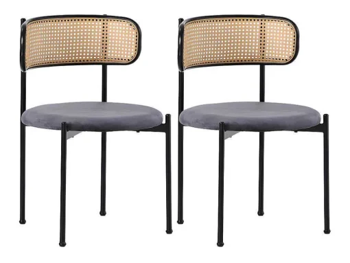 Set Van 2 Fluwelen En Rotan Stoelen - Metalen Poten - Grijs