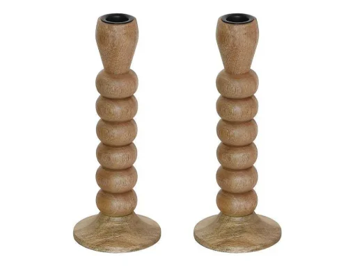 Set Van 2 Kandelaars Van Mangohout - H23 Cm - Naturel - Fainin