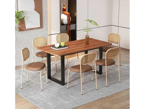 Set Van 4 Stoelen Van Kunstleer En Rotan - Metalen Poten - Bruin