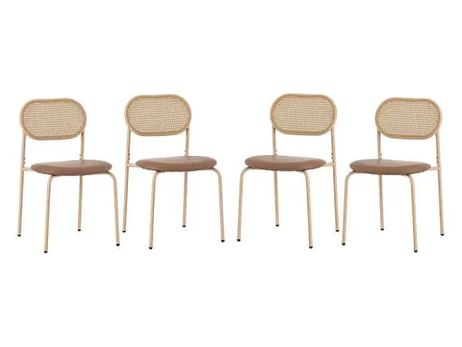 Set Van 4 Stoelen Van Kunstleer En Rotan - Metalen Poten - Bruin