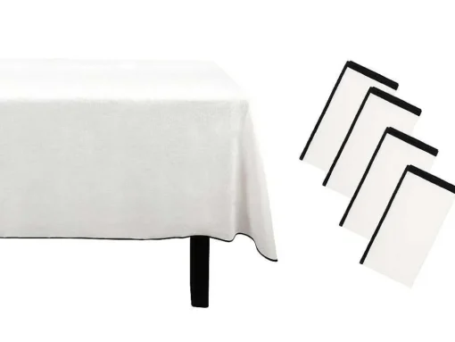 Set Van Tafellaken + 4 Servetten Van Linnen En Katoen - Zwarte Rand - Wit- 170 X 250 Cm - Borina