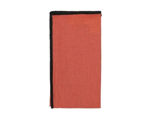 Set Van Tafellaken + 4 Servetten Van Linnen En Katoen - Zwarte Rand - Terracotta - 170 X 250 Cm - Borina