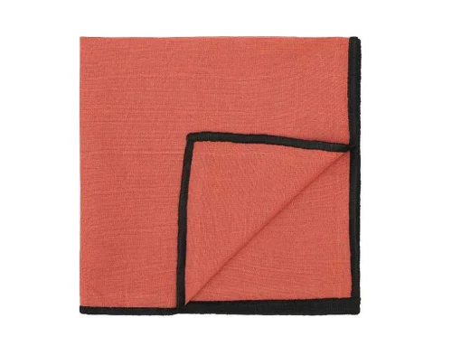 Set Van Tafellaken + 4 Servetten Van Linnen En Katoen - Zwarte Rand - Terracotta - 170 X 250 Cm - Borina