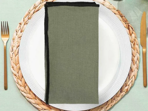 Set Van Tafellaken + 4 Servetten Van Linnen En Katoen - Zwarte Rand - Kaki - 170 X 300 Cm - Borina
